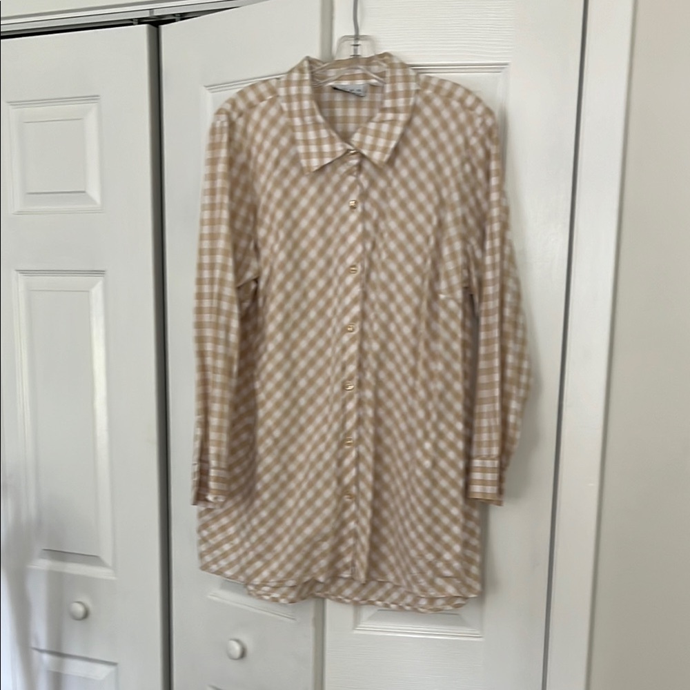 Joan Rivers tan/white cotton long sleeve swing blouse size 1X